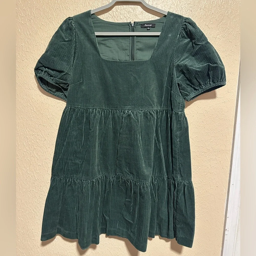 Madewell‎ Corduroy Aidy Square-Neck puff sleeve Tiered Mini Dress Hunter Green 6